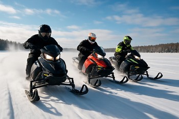 Группа снегоходов едет по заснеженному льду днём