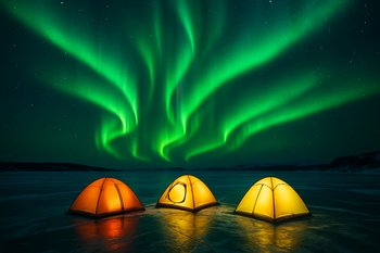 Домики на льду под звёздным небом и северным сиянием