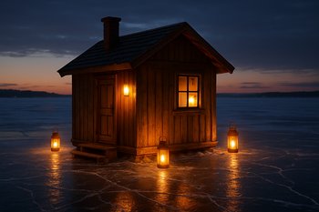 Домик FrozenLake Tours на льду с фонариками у входа