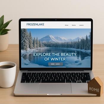 Домашний стол с ноутбуком, фотографиями лагеря и термосом FrozenLake