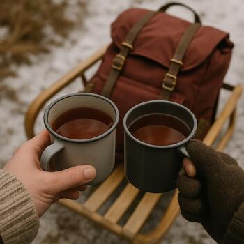 Чайник и кружки на столе в домике в последний вечер