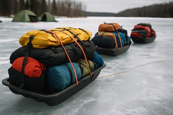 Санки с упакованными рюкзаками и ящиками возле домика утром