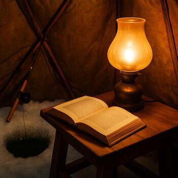 Настольная лампа, книга и кружка на столе в домике вечером