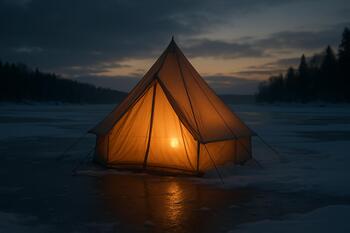 Домики и палатки на льду с мягкой подсветкой ночью
