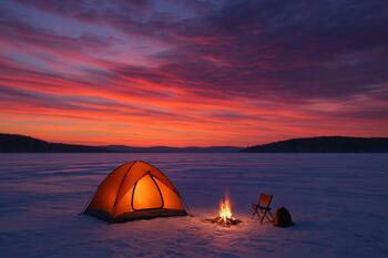 Вид на звёздное небо над льдом рядом с лагерем