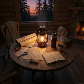 Вечерний стол с картой, кружками и фонариком в лагере