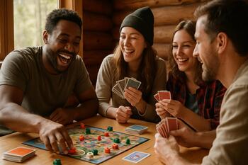 Небольшой стол с настольной игрой и кружками в домике