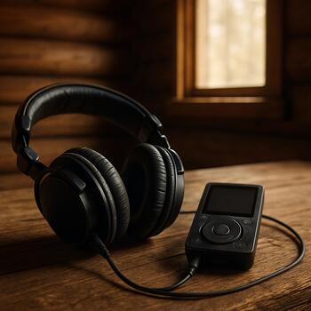 Наушники и телефон с плейлистом на полке в домике