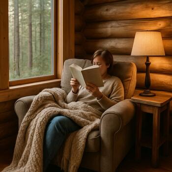 Кресло, плед и книга рядом с окном домика