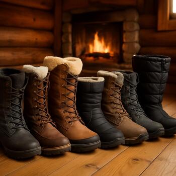 Ряд тёплых ботинок на коврике у входа в домик