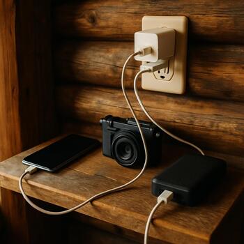 Полка с пауэрбанками и заряжающимися фонарями