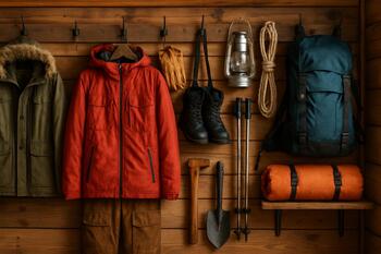 Стена домика с развешанными бурами, фонарями и лопатой