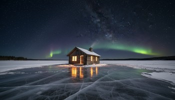 Тёплый домик FrozenLake Tours на льду с подсветкой вечером