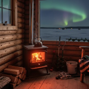 Небольшая печка внутри домика с огоньком