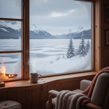 Вид на лёд из окна домика с кружкой на подоконнике