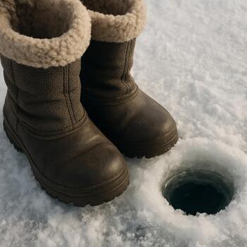 Тёплые ботинки у лунки и лёд с трещинками