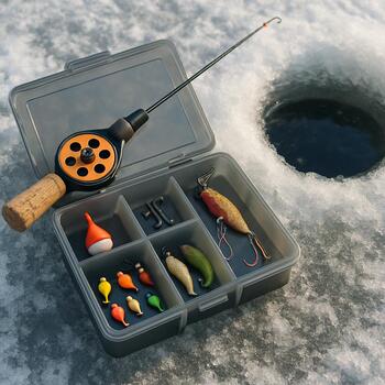 Коробка со снастями и перчатки рядом с лункой