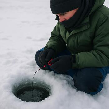 Лунка во льду, удочка и ящик рыболова рядом