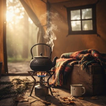Чайник на горелке и кружки на столе в домике утром