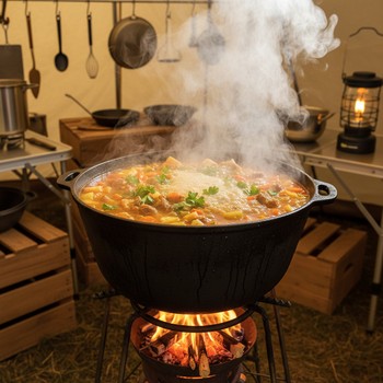 Кастрюля с супом на плитке в тёплом домике на льду