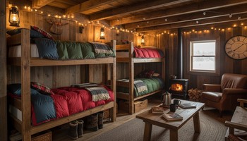 Кровати и спальники внутри тёплого домика на льду