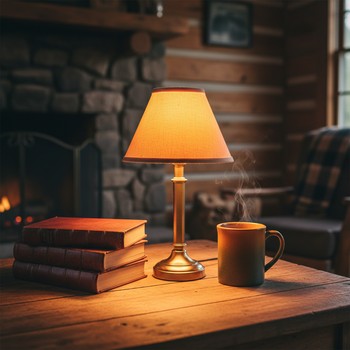 Небольшой стол с лампой и кружками в домике
