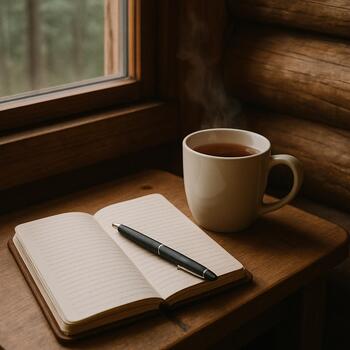 Блокнот, карта и карандаш на столе в домике