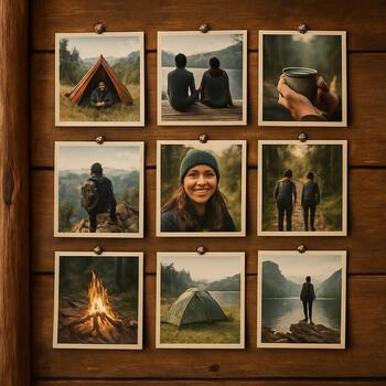 Небольшая стена с прикреплёнными фотографиями лагеря и льда