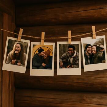 Полароидные снимки лагеря, подвешенные на верёвке с прищепками