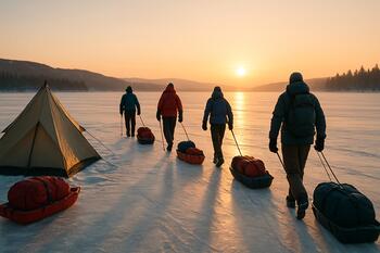 Гость выходит из домика на лёд с рюкзаком в утреннем свете