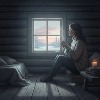 Утренний свет в домике и вид на лёд из окна