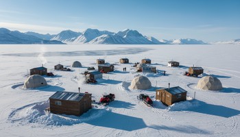 Вид на весь лагерь FrozenLake Tours на льду с высоты