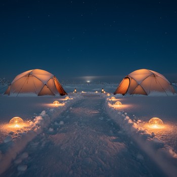 Тропы по снегу от домика к лункам, отмеченные фонарями