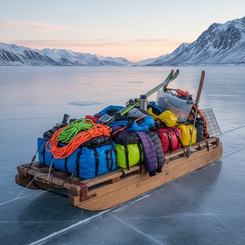 Санки со снаряжением стоят у входа в домик на льду