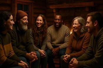 Гости сидят кругом в домике и разговаривают вечером