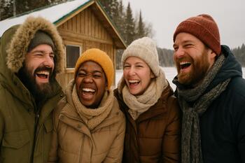 Небольшая группа смеётся у входа в домик на льду