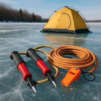 Набор спасательного снаряжения и аптечка на столе