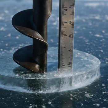 Гид измеряет толщину льда возле лагеря