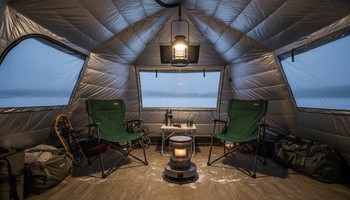 Внутри палатки с ковриками и фонарём на потолке