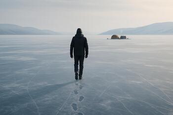 Гость смотрит на горизонт, стоя на льду недалеко от лагеря
