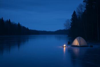 Домик на льду в синий час с мягкой подсветкой
