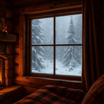 Снегопад за окном домика и кружка на подоконнике