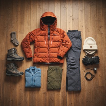 Разложенная на полу тёплая одежда для ледяного тура