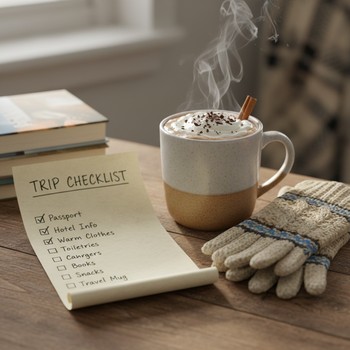 Кружка с горячим напитком и небольшой чек-лист на столе