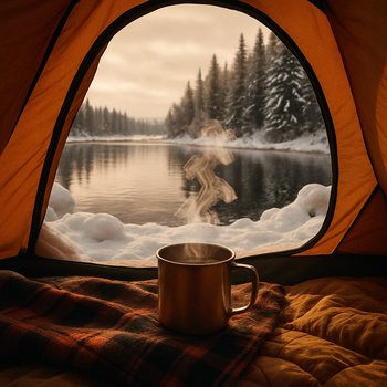Кружка горячего кофе на раскладном столике в палатке