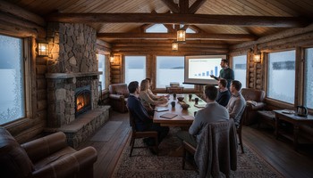 Небольшая презентация на ноутбуке в тёплом домике на льду