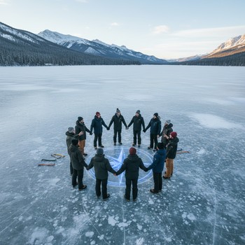 Команда стоит кругом на льду рядом с лагерем