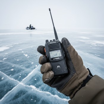 Гид FrozenLake Tours держит рацию на фоне лагеря