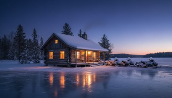 Домик на льду с тёплым светом вечером