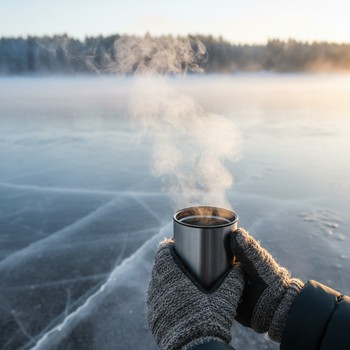 Термос и кружка на ящике возле лунки утром